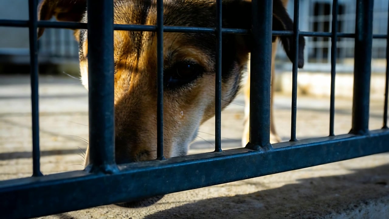 Scent drawing brown-black dog pressing snout under bars of metal gate on concrete floor, peering