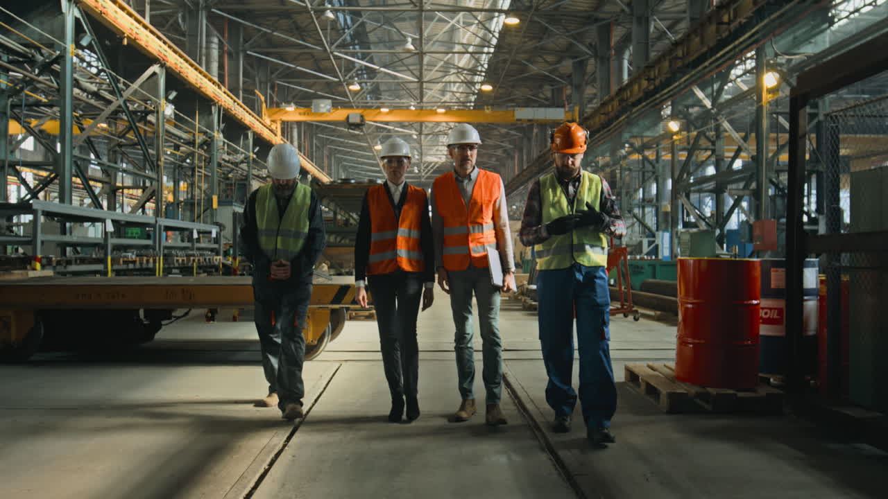 Four Heavy Industry Engineers Discuss Work Process Walking at Manufacturing Factory four Heavy Industry Engineers in Safety Uniform and Hard Hats Discuss Work Process Walking at Manufacturing Factory Mature Supervisor Holds Laptop Talks to Diverse Workers in Warehouse Slow Motion