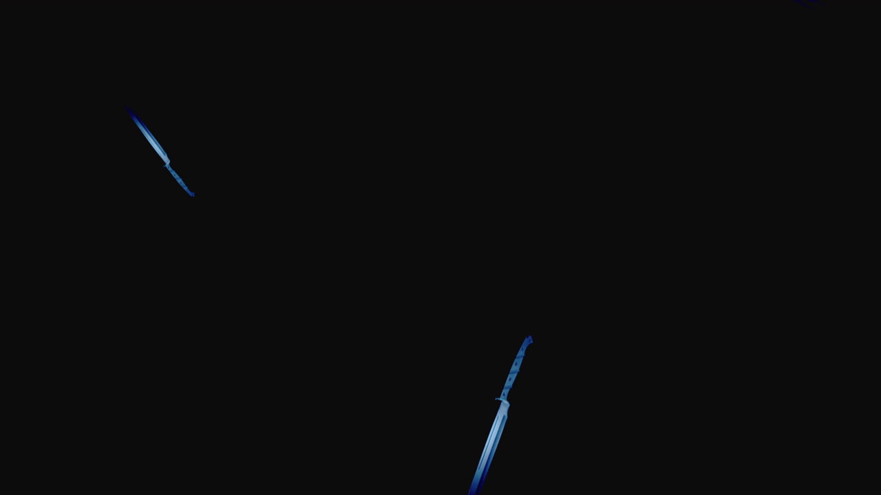 Knives on the dark background and in blinking red and blue light are falling in slowmotion