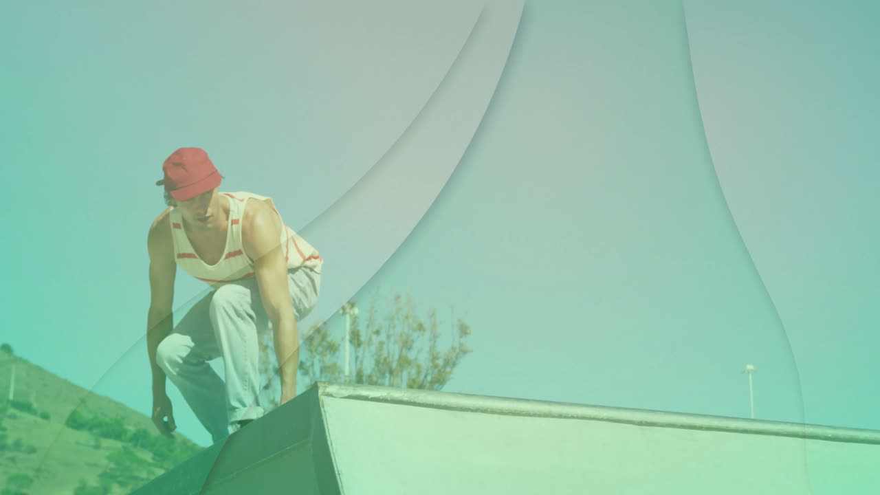 man crouching on skate ramp in outdoor skatepark, showing animated marketing data chart overlays