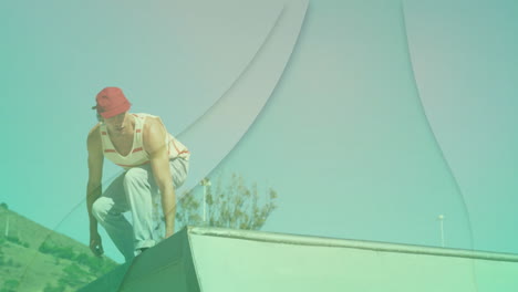 man crouching on skate ramp in outdoor skatepark, showing animated marketing data chart overlays