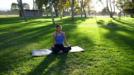 a beautiful young hispanic woman meditating in nature on a yoga mat at sunrise