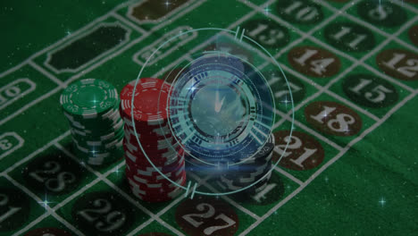 Animation-Einer-Tickenden-Uhr-Und-Leuchtenden-Sternen-Vor-Einem-Stapel-Casino-Pokerchips-Auf-Einem-Tisch