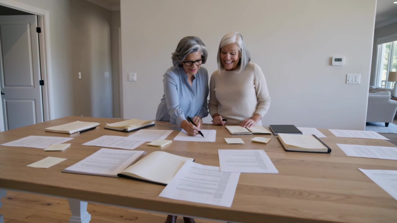Starting left woman writing at home on wooden table, right in beige sweater planning sticky-notes