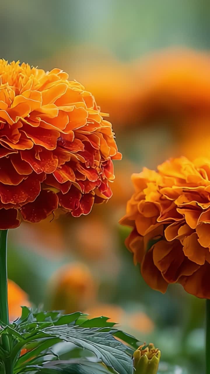 Uno spettacolo affascinante di vivaci calendule arancioni in piena fioritura, che rivela i magnifici dettagli e i colori intensi della natura su uno sfondo delicatamente sfocato.