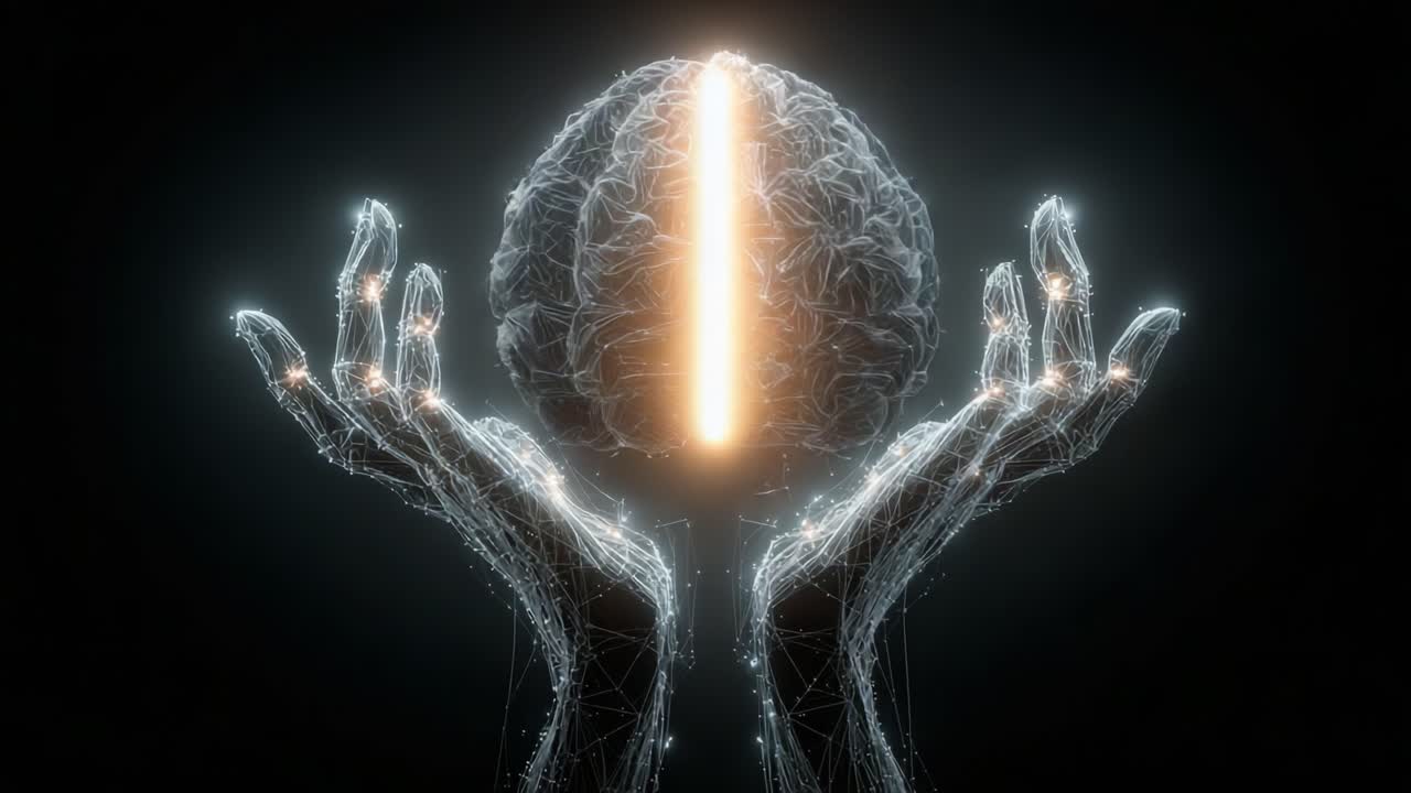 A digital representation of a glowing brain held by hands, symbolizing advanced technology, consciousness, and the intersection of human thought with artificial intelligence