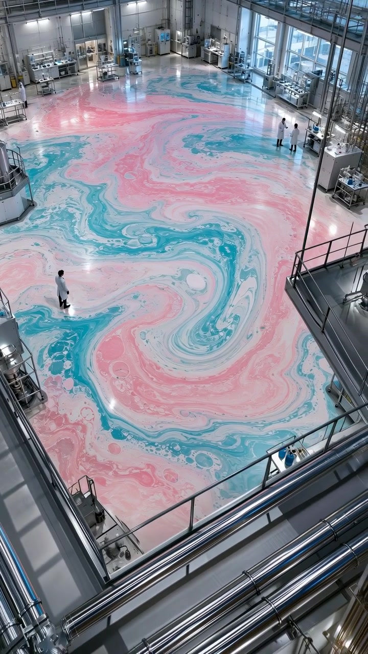 High-angle view inside spacious industrial lab where three white coat specialists stand around swirling pink and cyan fluid pattern on glossy floor beside stainless tanks, pipes, and reflective