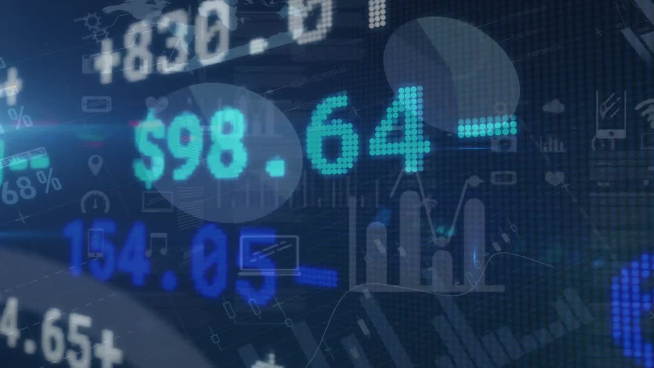 Animation of stock market and financial data processing over black background