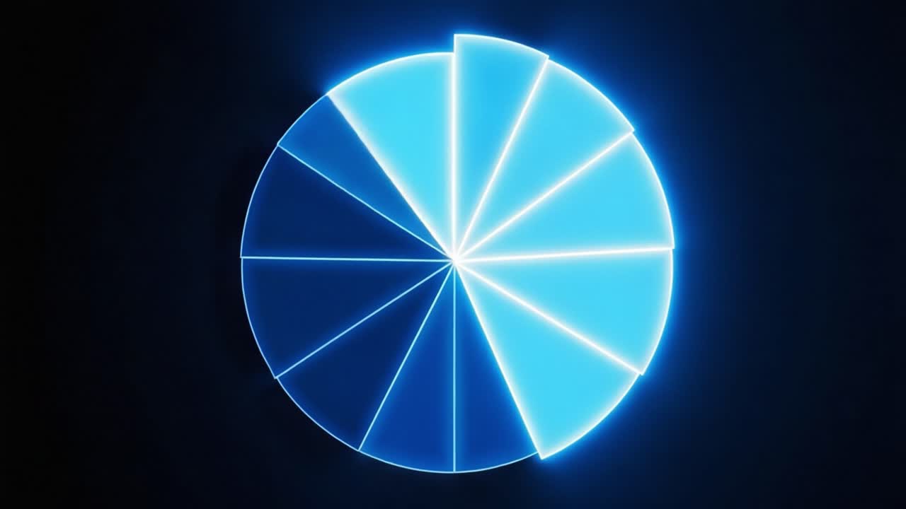 A Dynamic Visualization of Pie Chart Segments Transitioning from a Minimalist Design to a Complete Illustration in Clean Blue Neon Effects