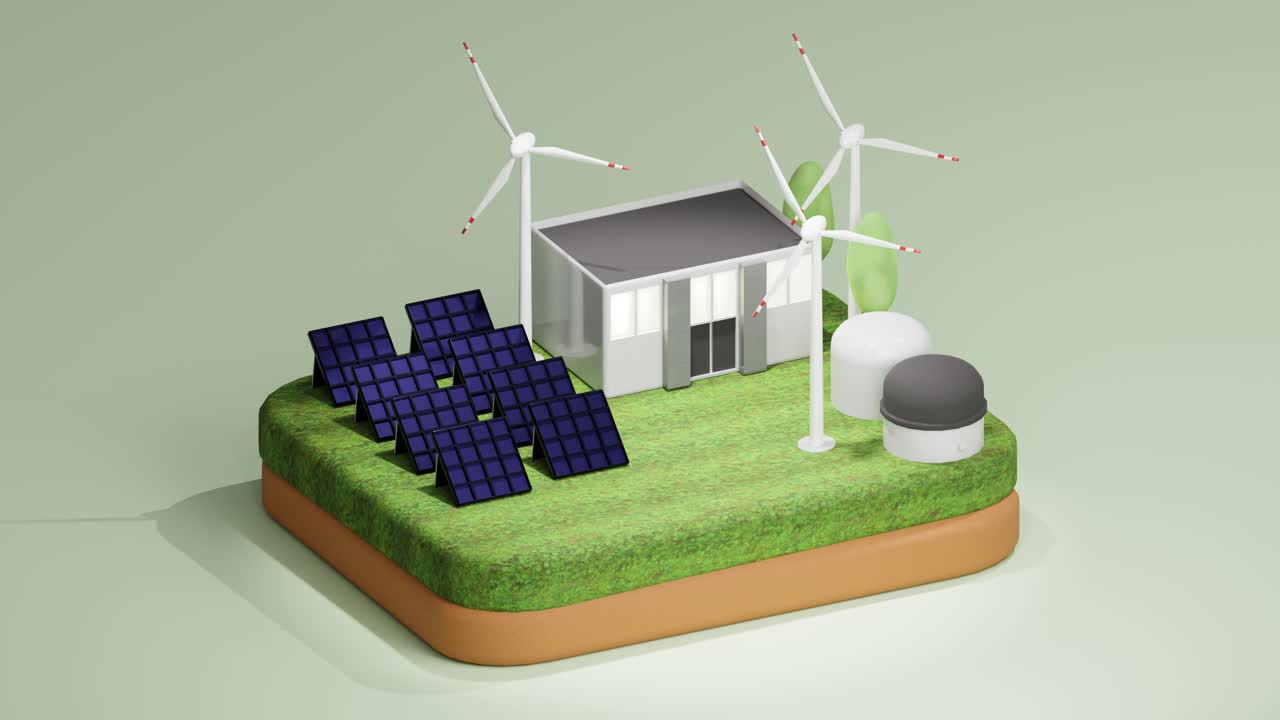 3D loop of building powered with alternative energy. Isometric view