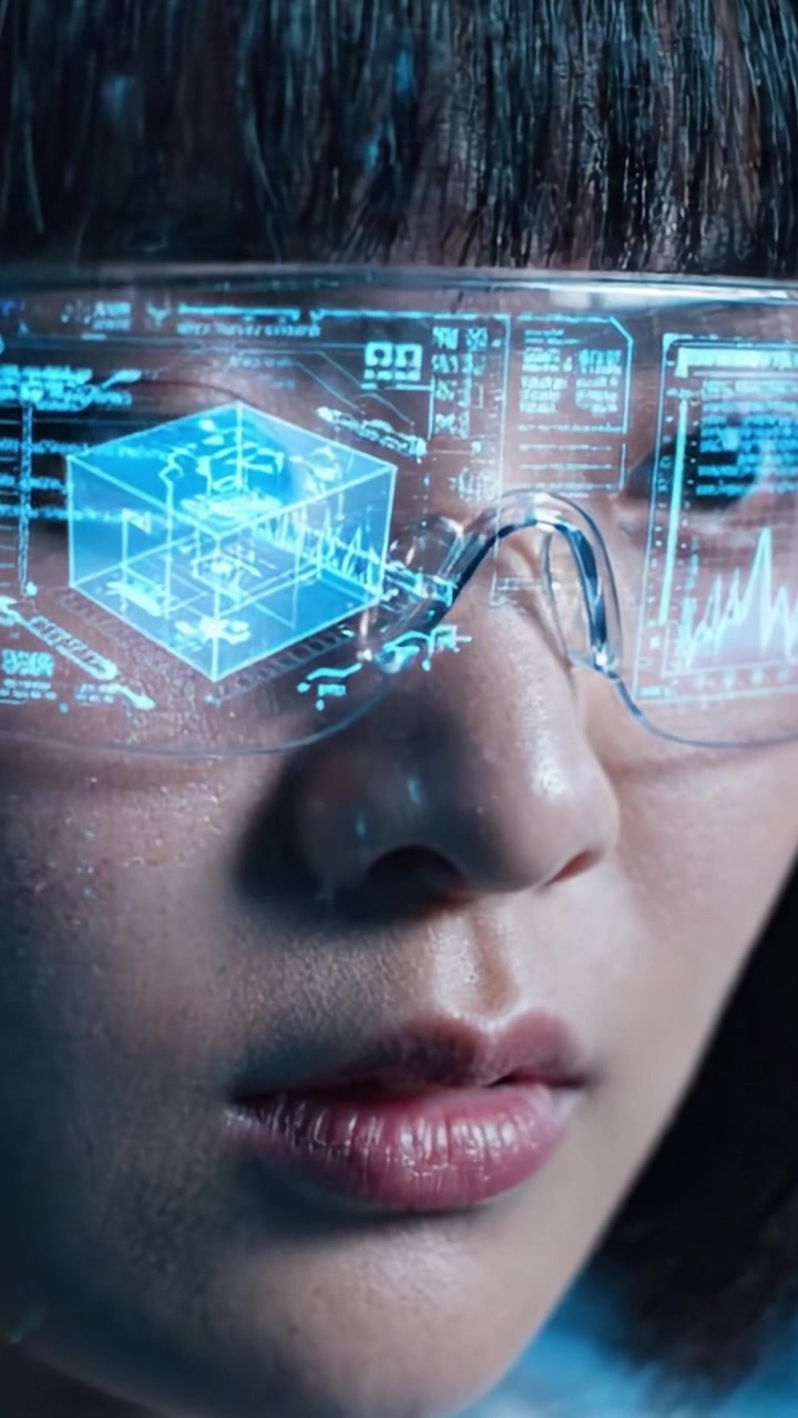 A Focused Scientist Analyzing Data Through Advanced Augmented Reality Glasses in a High-Tech Laboratory Environment