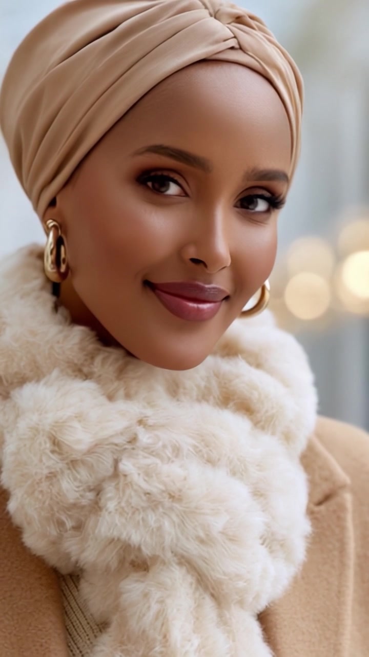 Captivating Beauty: A Woman Radiates Warmth and Joy in a Stylish Headscarf and Luxurious Faux Fur Scarf, Exuding Sophistication and Elegance