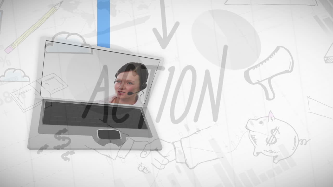 전화 헤드 ⁇ 을 사용하는 다양한 비즈니스 사람들에 대한 금융 데이터 처리 및 아이콘의 애니메이션