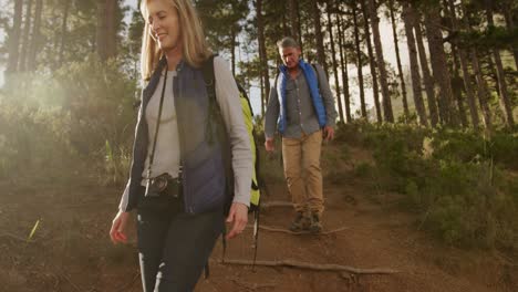 Aktives-älteres-Paar-Beim-Wandern-Im-Wald