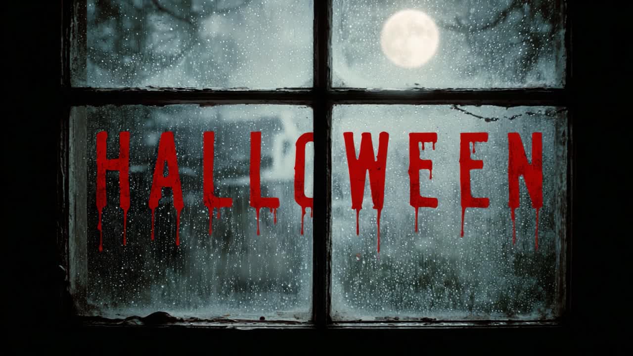 Spooky Halloween night with blood like writing on a foggy window while rain is falling and a full moon shines in the dark sky, creating a scary and mysterious horror atmosphere for the holiday