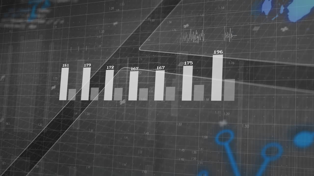 On grid appearing, bars rising rotating labels animating globe shifting graph tracing data trends