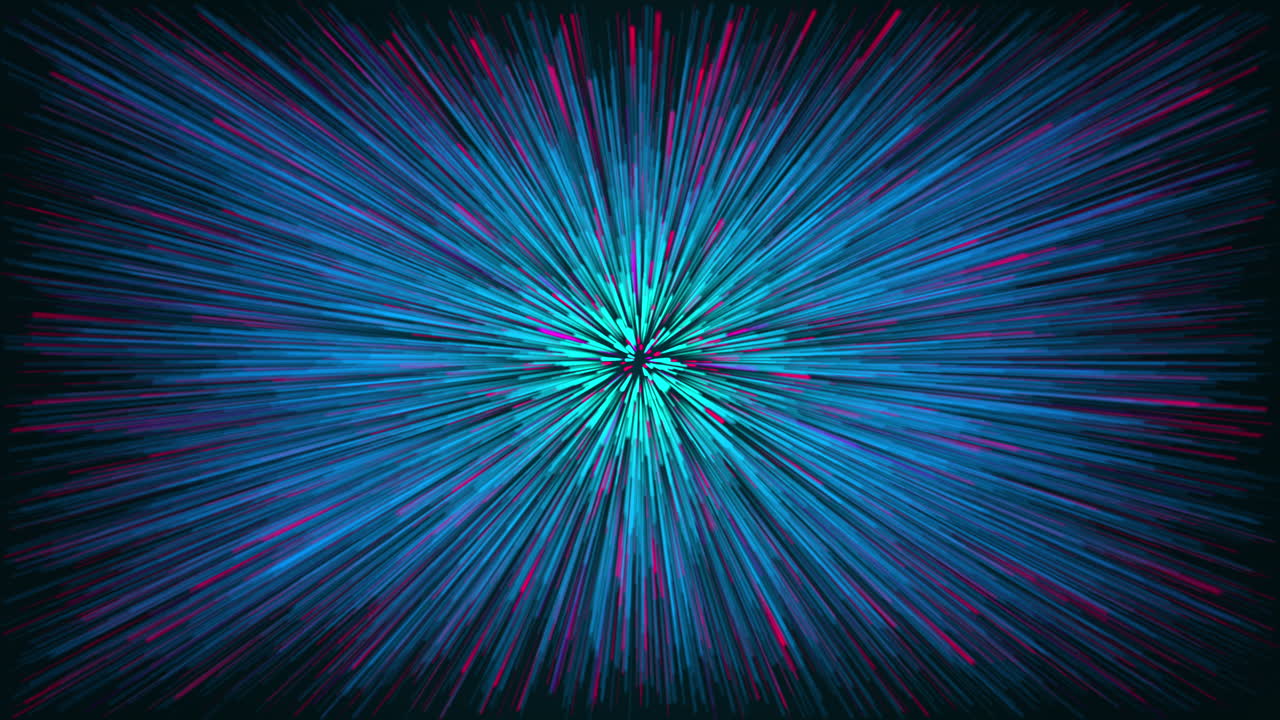 Cosmic dark background with fast moving neon particles. Flash with colored glowing rays. Looped animation.