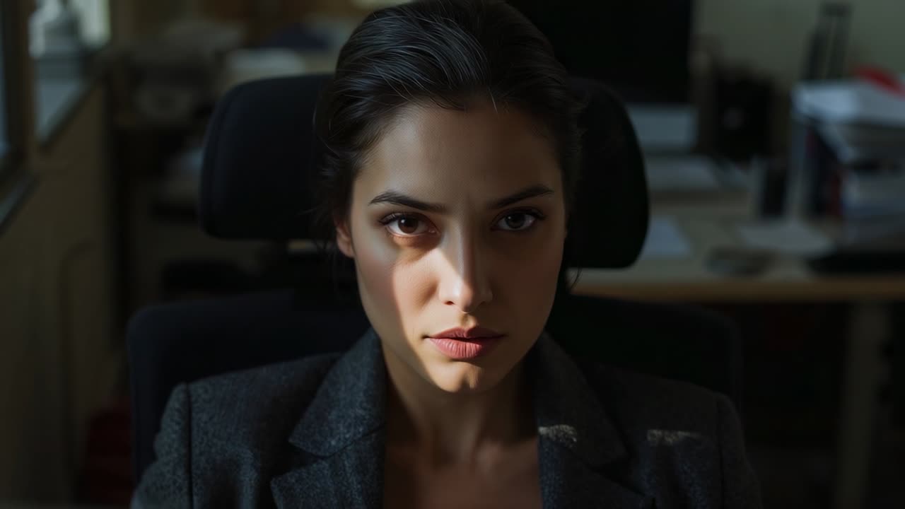 Video verticale: Alzando lo sguardo dal monitor, donna in blazer che guarda la telecamera, mettendo a fuoco con un raggio di sole