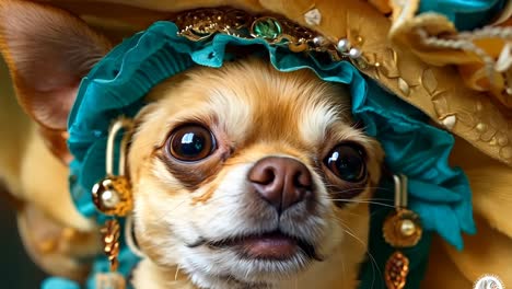 a small chihuahua wearing a blue and gold hat with flowers on it