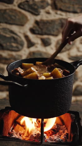 cooking stew over an open fire