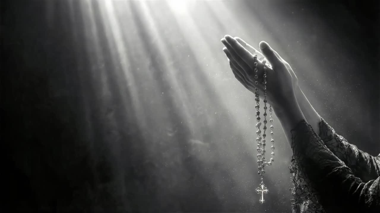 Individual holding rosary in reverent silence within dimly lit sacred space