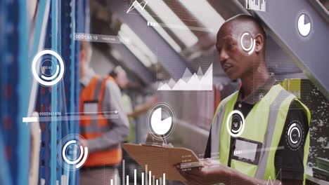 animation of graphs and loading bars over african american man with checklist examining equipment