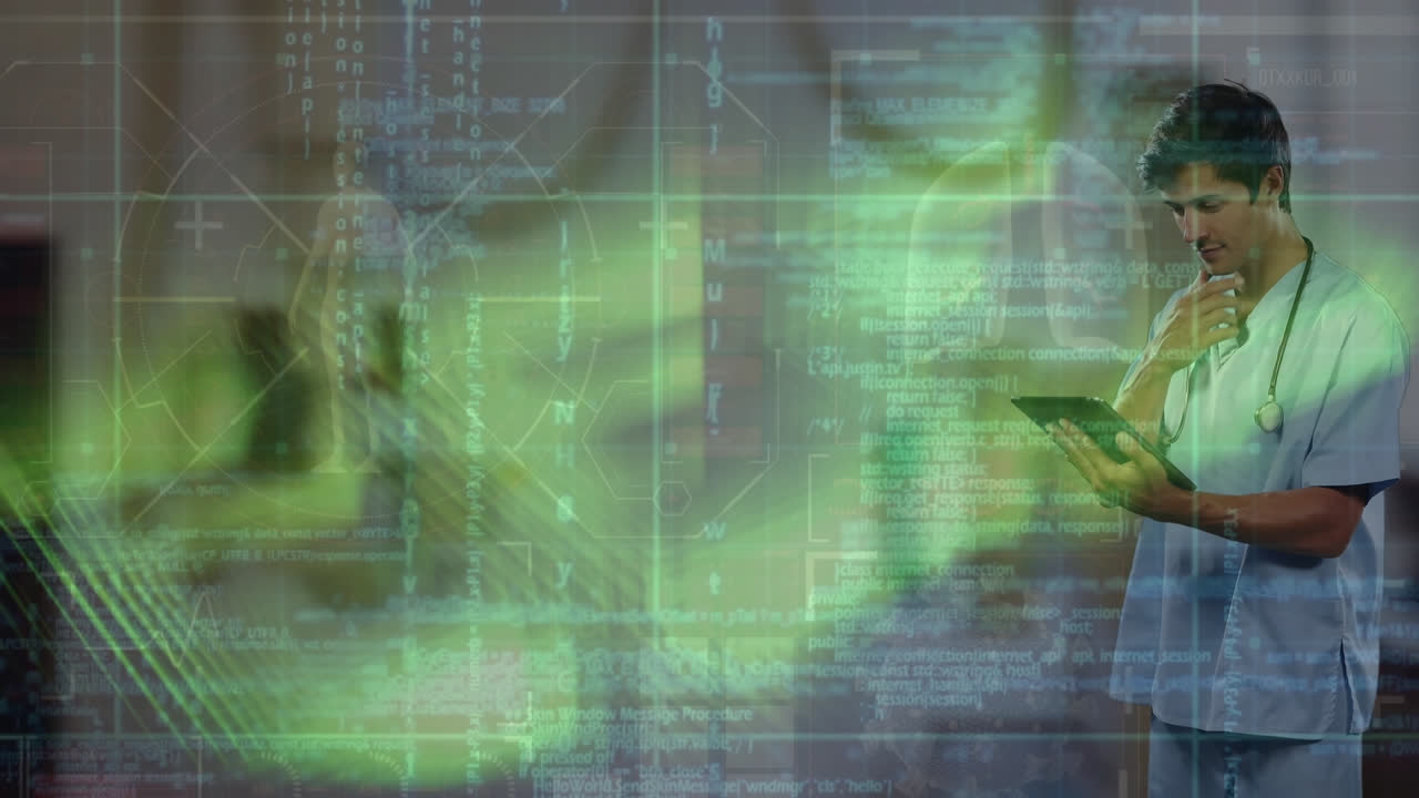 animación del procesamiento de datos sobre un médico caucásico usando una tableta