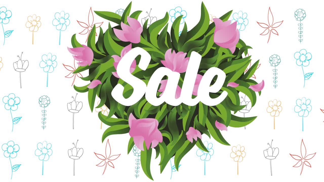 animación de texto de venta sobre flores sobre fondo blanco