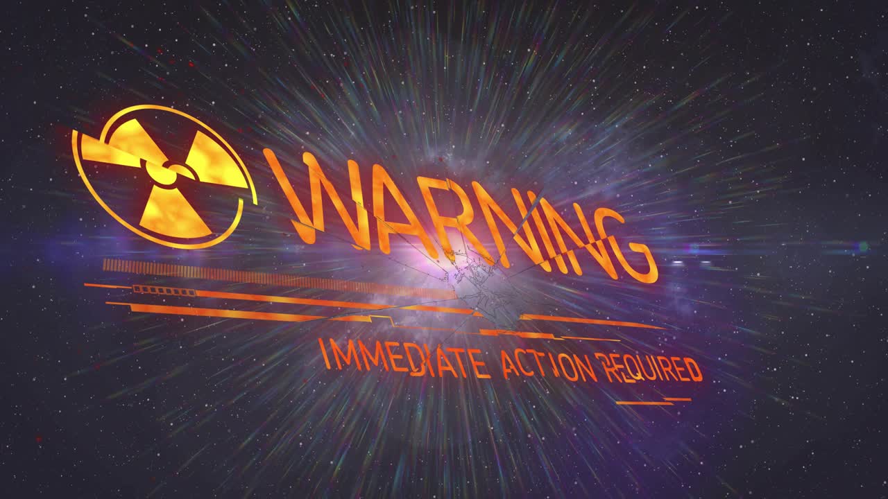 Center flare pulsing trefoil and WARNING text forming tilting cracking settling alerting action