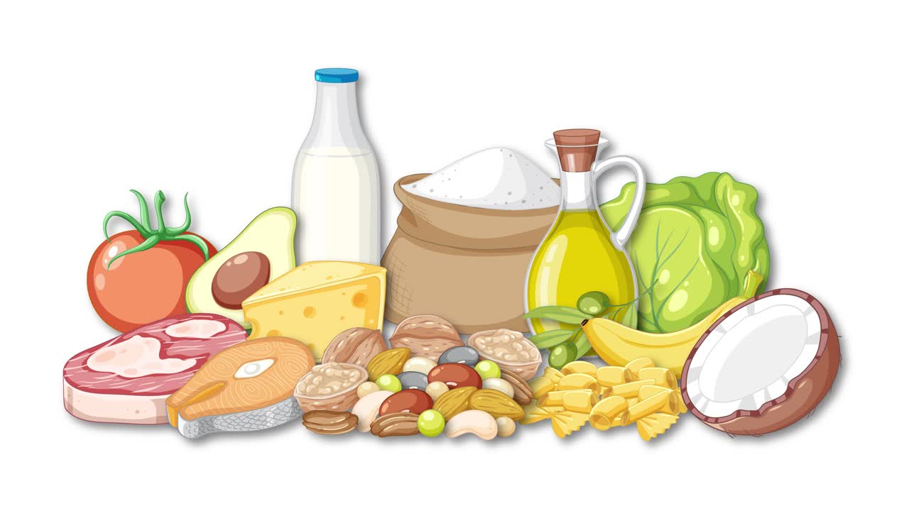 Various food items smoothly animate together, forming a colorful, balanced food group arrangement on white