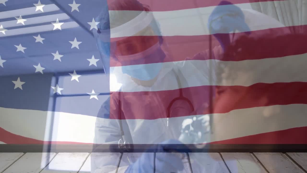 animación de la bandera de los ee.uu. sobre una mujer médica caucásica con máscara de oxígeno