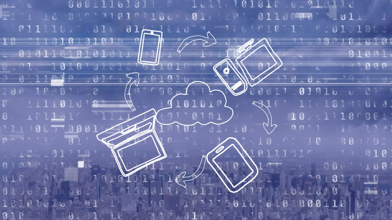 도시 풍경 위의 아이콘으로 데이터 처리의 애니메이션