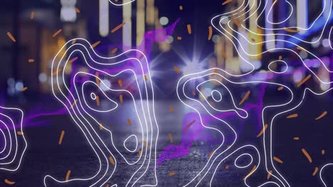 Animation-of-topography-and-purple-digital-waves-against-night-city-traffic