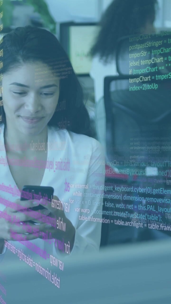 Animation of data processing against woman smiling while using smartphone at office