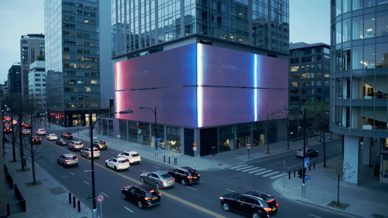 All'imbrunire, strisce LED di un edificio cubico cambiano colore all'angolo del centro, auto in movimento