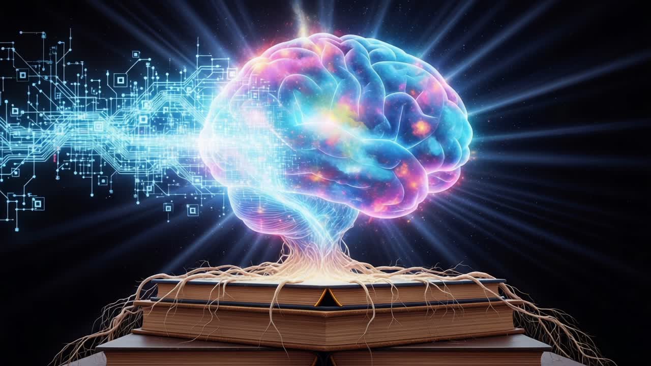 A Vivid Depiction of the Human Brain with Dynamic Light Representing Knowledge and Intelligence Emanating from an Open Book Surrounded by Digital Elements