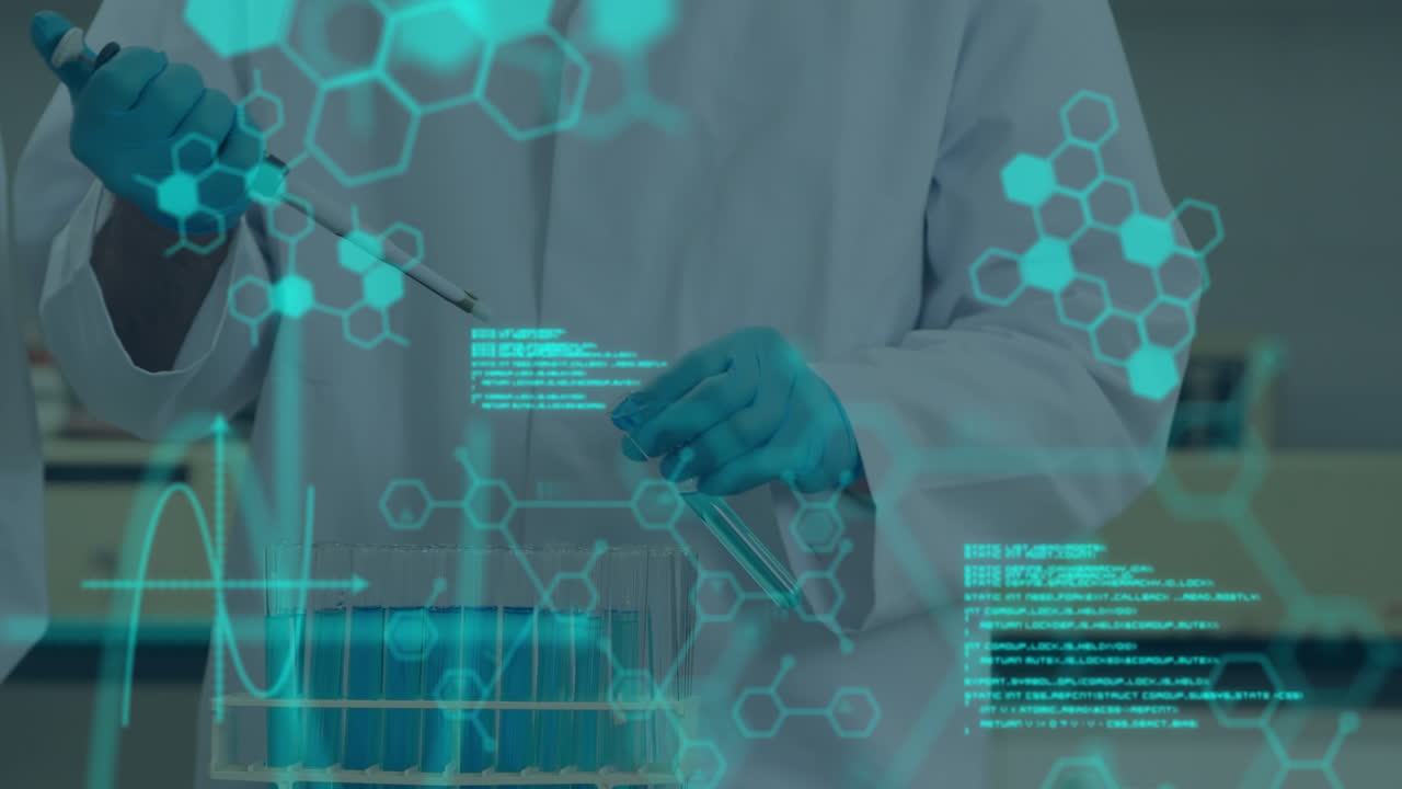 animación de moléculas y procesamiento de datos sobre científico caucásico en el laboratorio