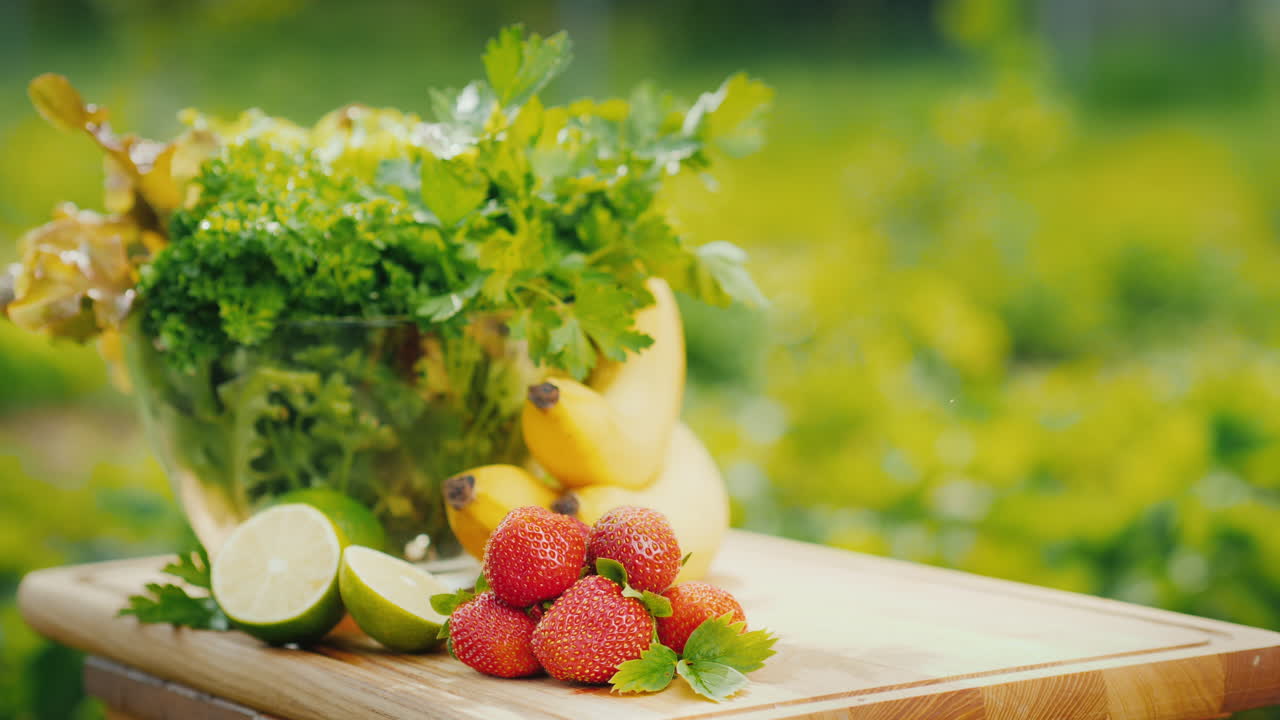 한 여자의 손이 과일과 그린 샐러드의 세 가지 스무디를 탁자 위에 올려놓는다