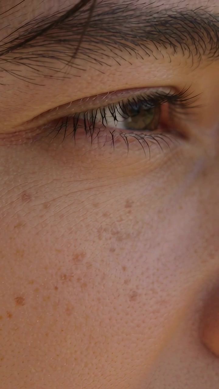 Video verticale: Primo piano di un occhio sinistro che ammicca, adolescente che reagisce a un tic palpebrale, con lo sguardo rivolto all'esterno