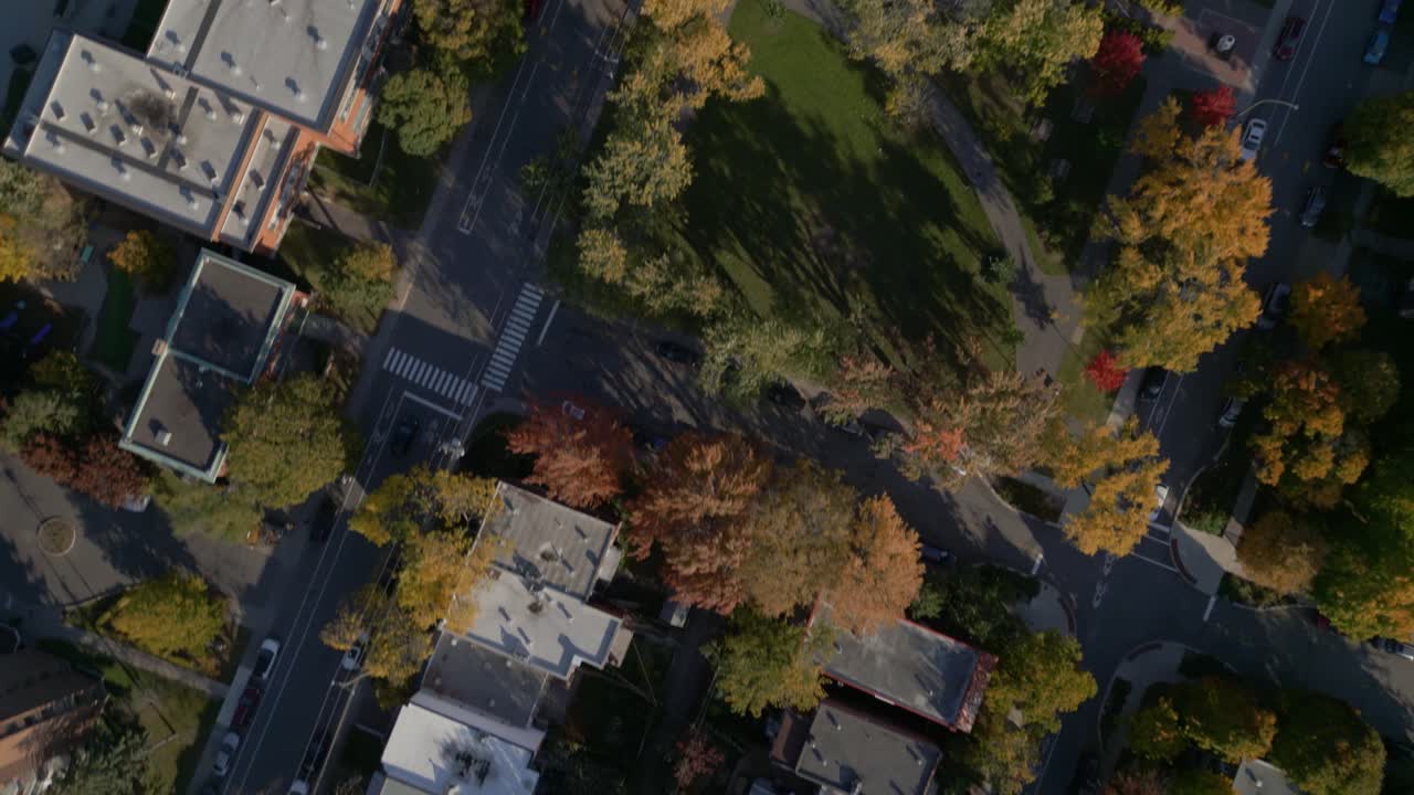 Above View Of Montreal Town During Autumn Season In Quebec, Canada. Aerial Topdown Shot