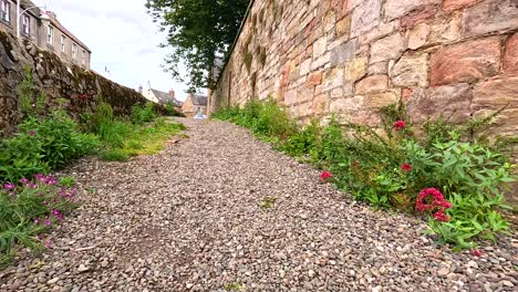 camino de piedra con flores y edificios históricos