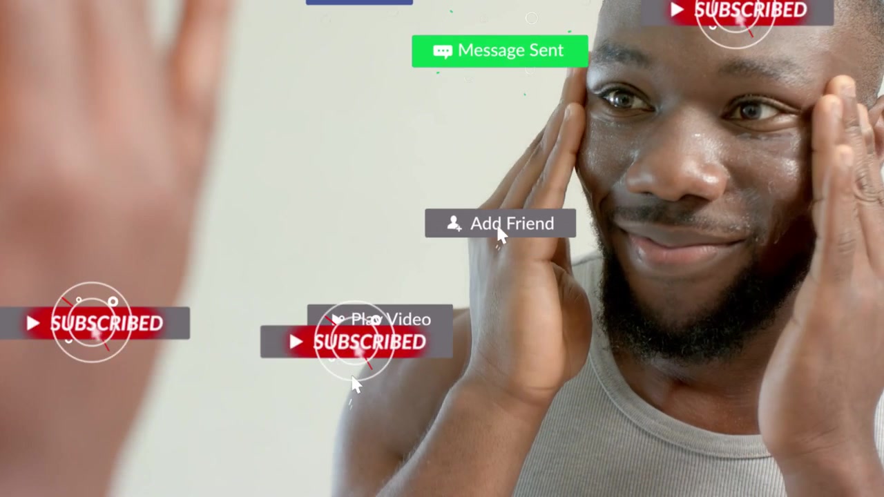 Creator rubbing face checking skin in mirror, close shot sparking social badges piling then fading