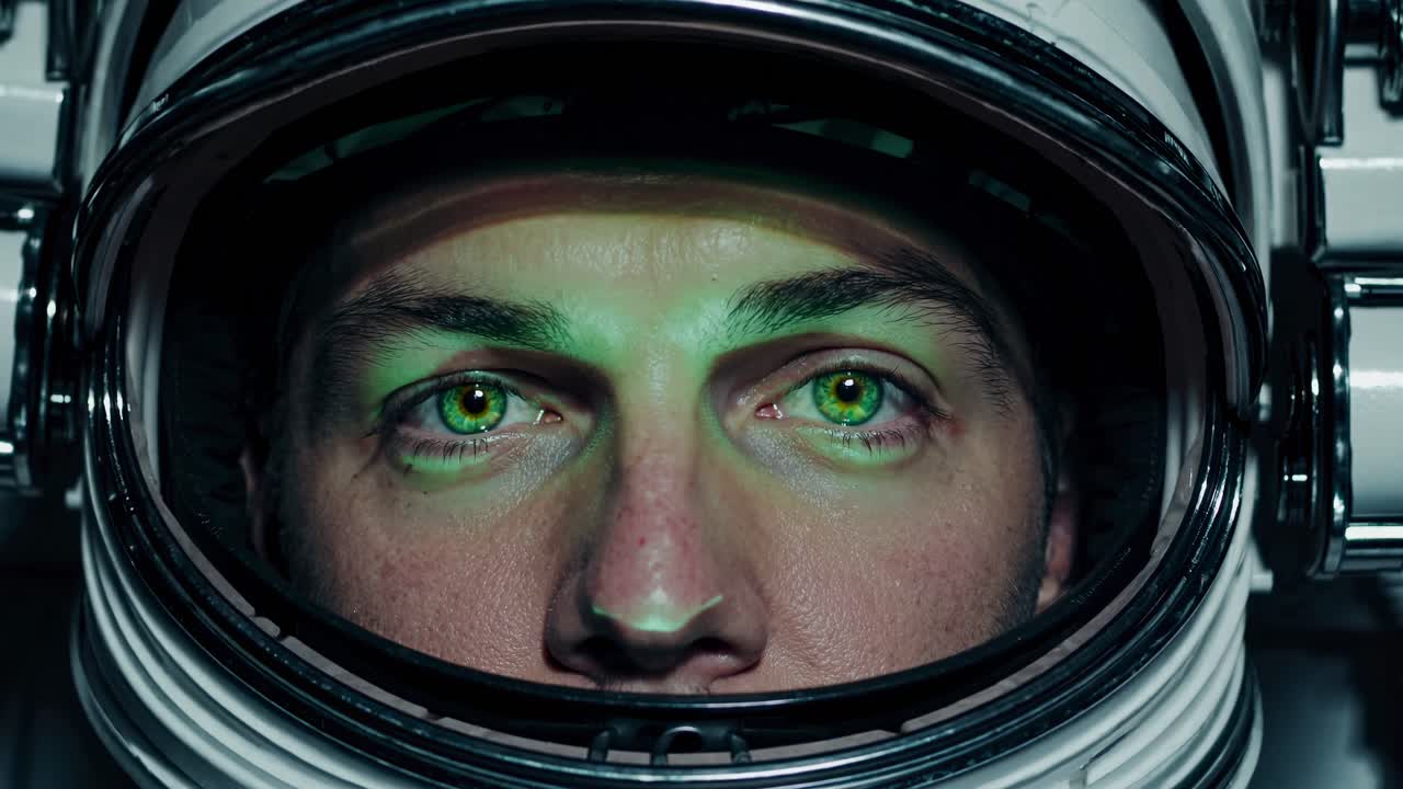 Close-up video shot of an astronaut's face inside a helmet, highlighting intense green eyes