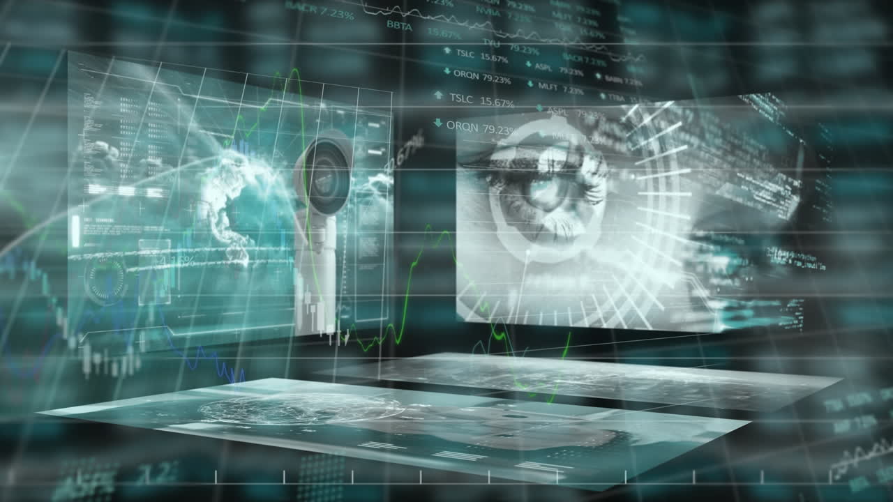animazione di telecamere cctv e schermi digitali con numeri e grafici del mercato azionario