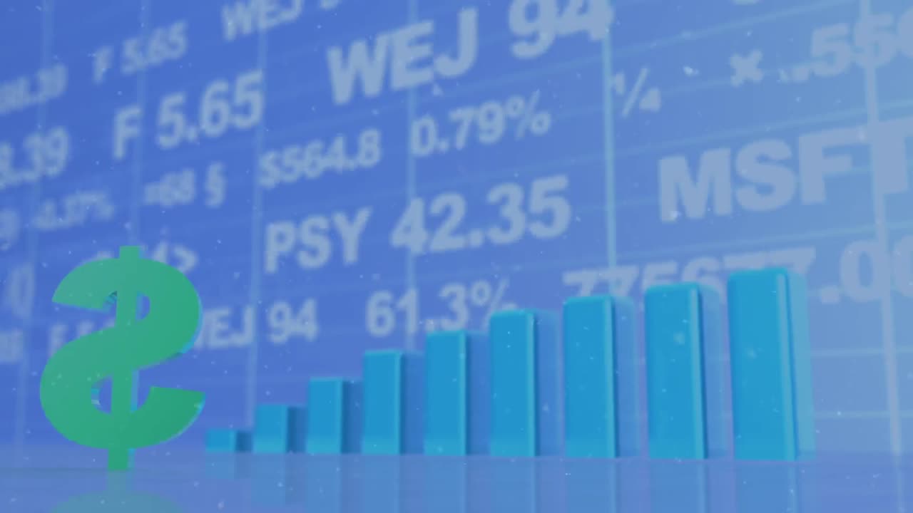 animación del símbolo del dólar giratorio y el procesamiento de datos del mercado de valores contra un fondo azul.