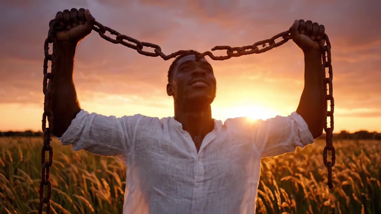 A Symbol of Freedom: A Man Erupting with Joy, Breaking Chains Against a Backdrop of a Vibrant Sunset in a Field of Waves, Demonstrating Strength and Resilience