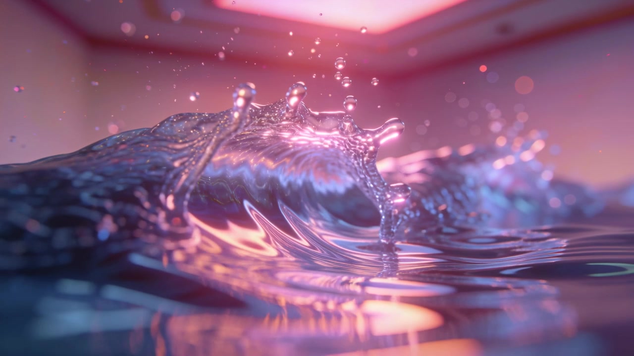 Onda iniziale, superficie dell'acqua che forma una cresta che si frange in una piscina da studio sotto un pannello rosa, creando spruzzi.