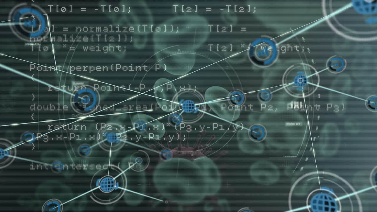 red de iconos digitales y procesamiento de datos contra células y vasos sanguíneos de covid-19