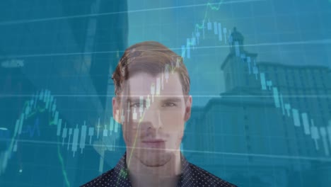 animation of cityscape, financial data processing over caucasian businessman