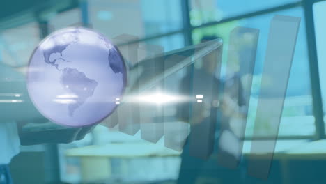 animation of globe and statistics processing over businesswoman using tablet